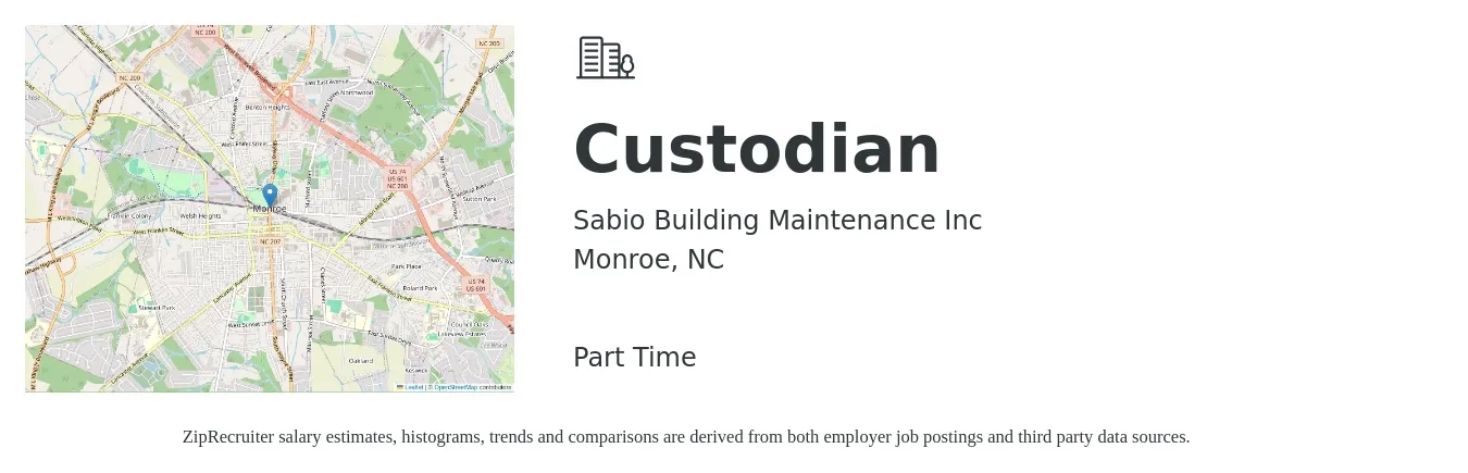 Sabio Building Maintenance Inc job posting for a Custodian in Monroe, NC with a salary of $14 to $15 Daily with a map of Monroe location.