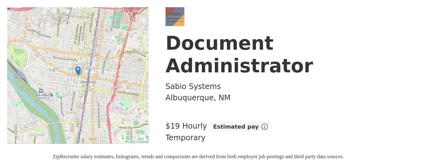 Sabio Systems job posting for a Document Administrator in Albuquerque, NM with a salary of $20 Hourly and benefits including medical with a map of Albuquerque location.