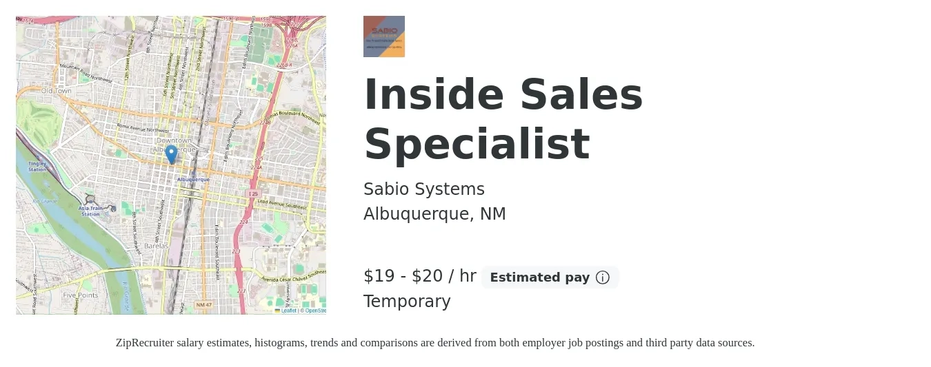 Sabio Systems job posting for a Inside Sales Specialist in Albuquerque, NM with a salary of $20 to $21 Hourly and benefits including dental, and medical with a map of Albuquerque location.