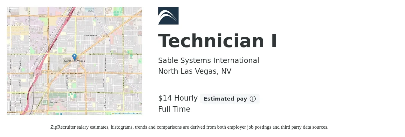 Sable Systems International job posting for a Technician I in North Las Vegas, NV with a salary of $15 Hourly with a map of North Las Vegas location.