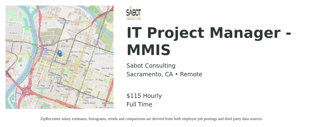Sabot Consulting job posting for a IT Project Manager - MMIS in Sacramento, CA with a salary of $120 Hourly with a map of Sacramento location.