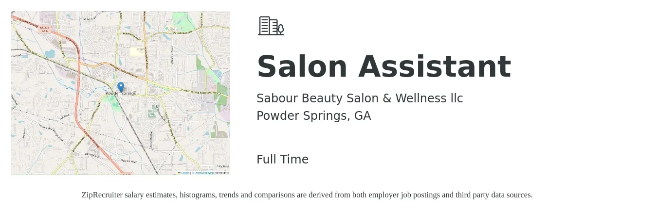 Sabour Beauty Salon & Wellness llc job posting for a Salon Assistant in Powder Springs, GA with a salary of $11 to $14 Hourly with a map of Powder Springs location.
