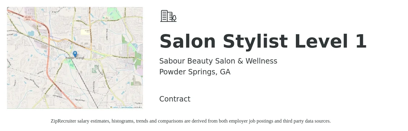 Sabour Beauty Salon & Wellness llc job posting for a Salon Stylist Level 1 in Powder Springs, GA with a salary of $16 to $24 Hourly with a map of Powder Springs location.