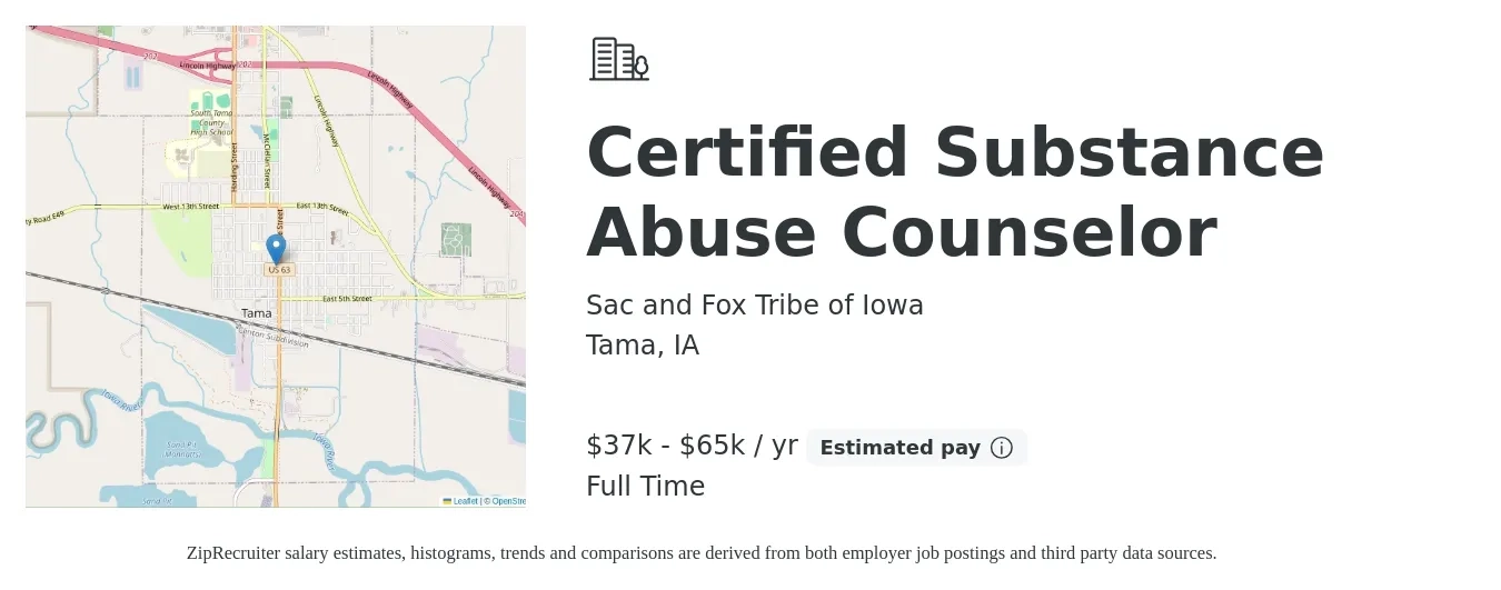 Sac and Fox Tribe of Iowa job posting for a Certified Substance Abuse Counselor in Tama, IA with a salary of $37,856 to $65,458 Yearly with a map of Tama location.