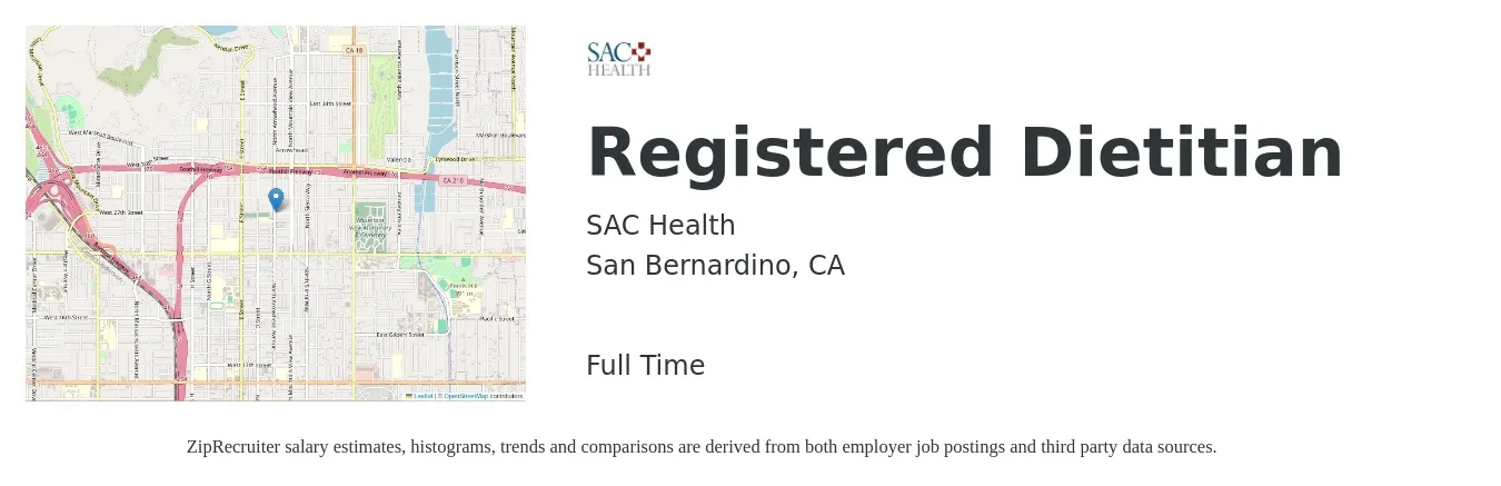 SAC Health job posting for a Registered Dietitian in San Bernardino, CA with a salary of $32 to $43 Hourly with a map of San Bernardino location.