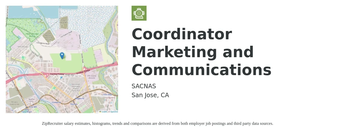 SACNAS job posting for a Coordinator Marketing and Communications in San Jose, CA with a salary of $52,700 to $70,900 Yearly with a map of San Jose location.