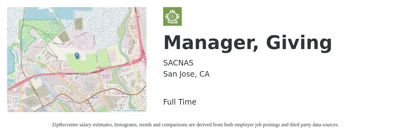 SACNAS job posting for a Manager, Giving in San Jose, CA with a salary of $70,900 to $92,600 Yearly with a map of San Jose location.