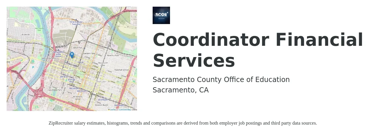 Sacramento County Office of Education job posting for a Coordinator, Financial Services in Sacramento, CA with a salary of $149,372 Yearly and benefits including dental, medical, retirement, and vision with a map of Sacramento location.