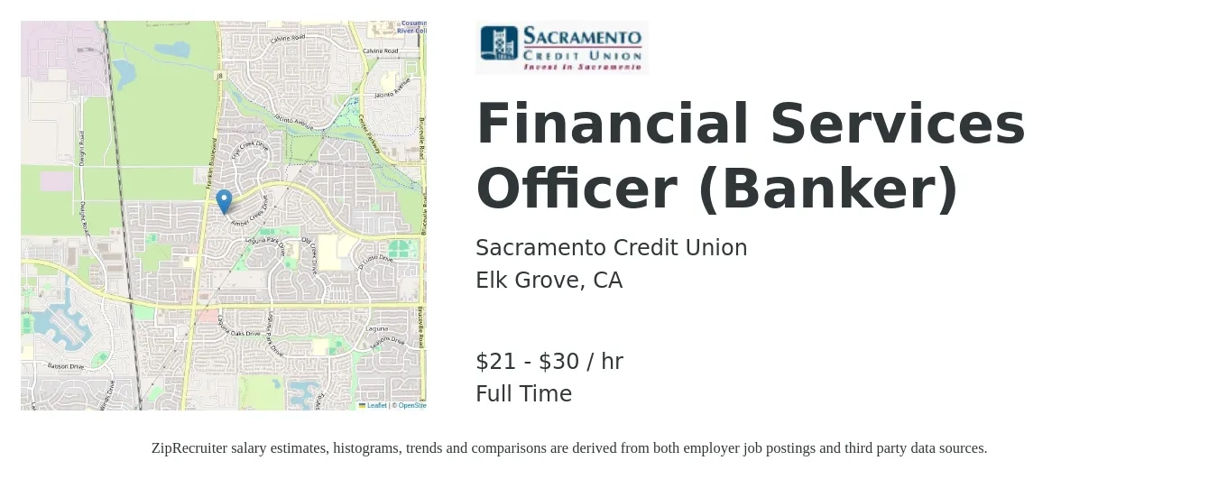 Sacramento Credit Union job posting for a Financial Services Officer (Banker) in Elk Grove, CA with a salary of $23 to $29 Hourly with a map of Elk Grove location.