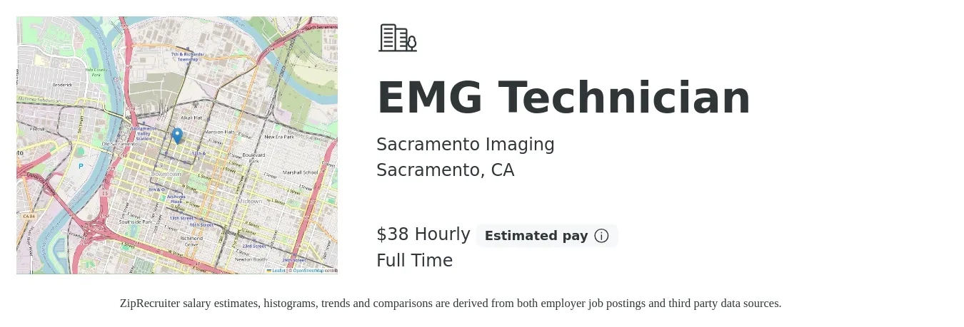 Sacramento Imaging job posting for a EMG Technician in Sacramento, CA with a salary of $40 Hourly with a map of Sacramento location.