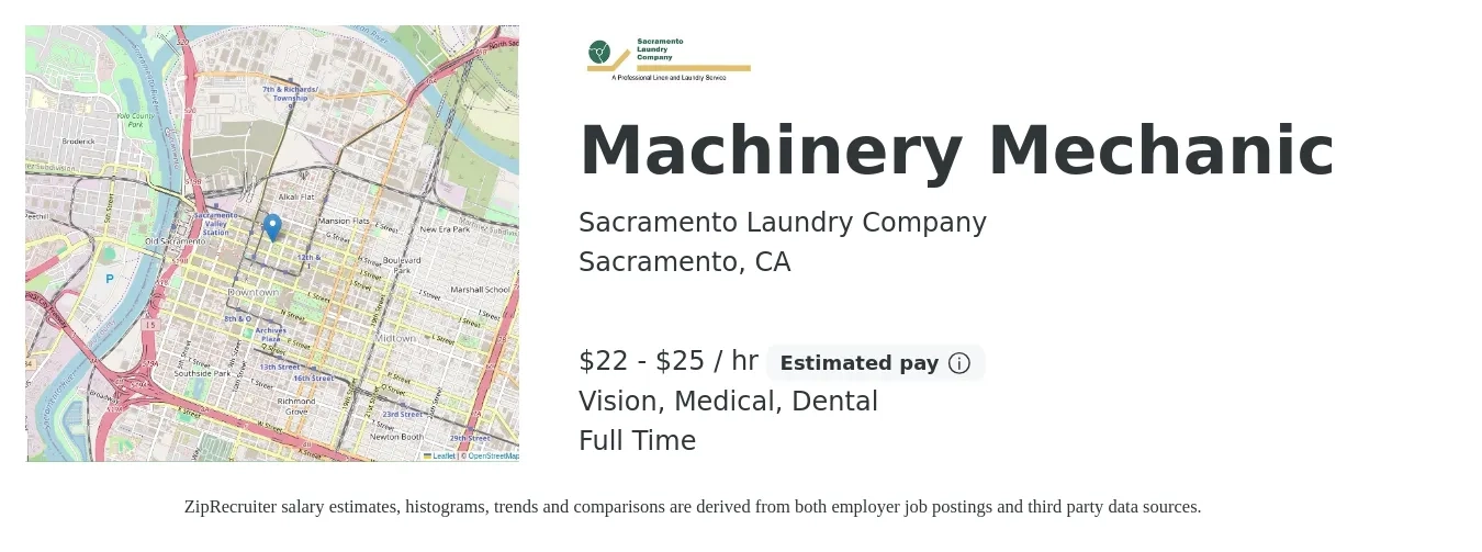 Sacramento Laundry Company job posting for a Machinery Mechanic in Sacramento, CA with a salary of $23 to $26 Hourly and benefits including medical, vision, dental, and life_insurance with a map of Sacramento location.