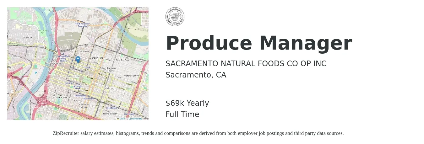 SACRAMENTO NATURAL FOODS CO OP INC job posting for a Produce Manager in Sacramento, CA with a salary of $69,610 Yearly with a map of Sacramento location.