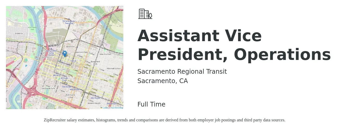 Sacramento Regional Transit job posting for a Assistant Vice President, Operations in Sacramento, CA with a salary of $122,600 to $202,600 Yearly with a map of Sacramento location.