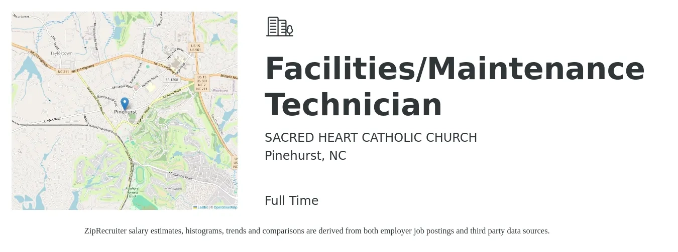 SACRED HEART CATHOLIC CHURCH job posting for a Facilities/Maintenance Technician in Pinehurst, NC with a salary of $16 to $22 Hourly with a map of Pinehurst location.