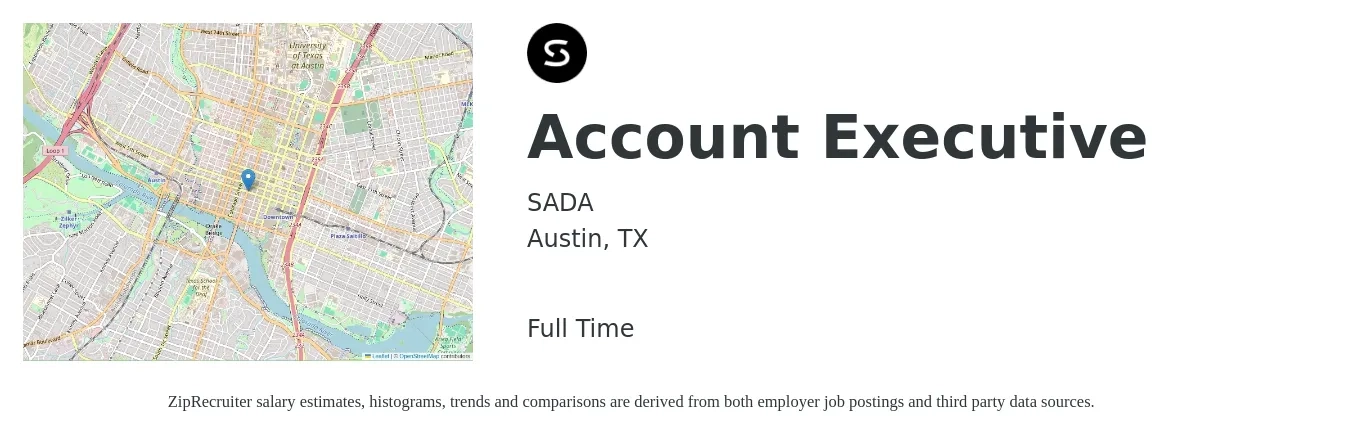 SADA job posting for a Account Executive in Austin, TX with a salary of $53,500 to $94,200 Yearly with a map of Austin location.