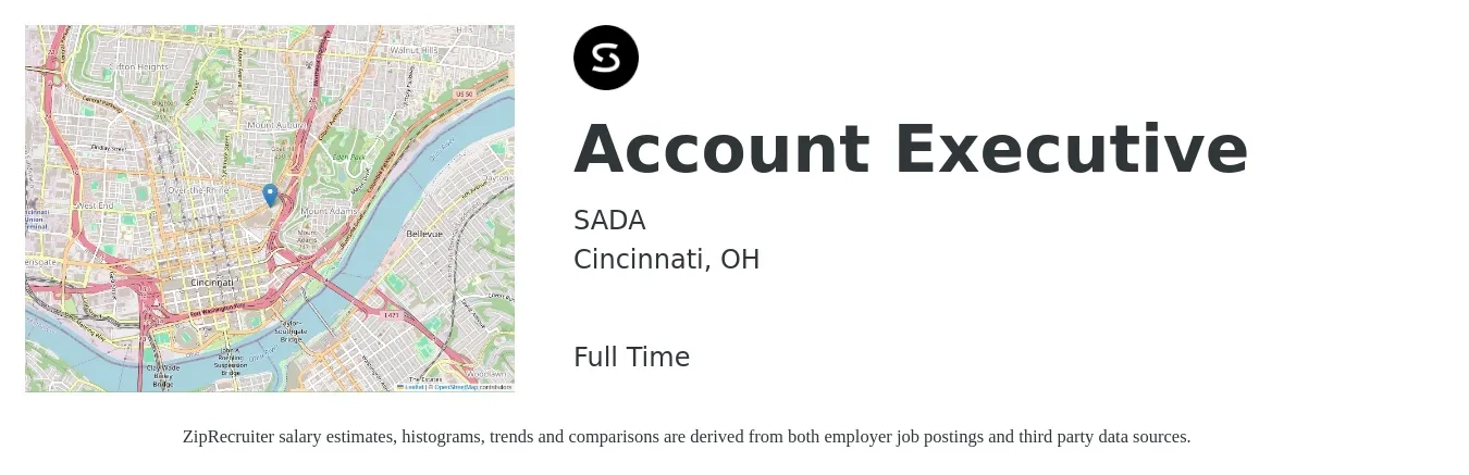 SADA job posting for a Account Executive in Cincinnati, OH with a salary of $51,800 to $91,200 Yearly with a map of Cincinnati location.