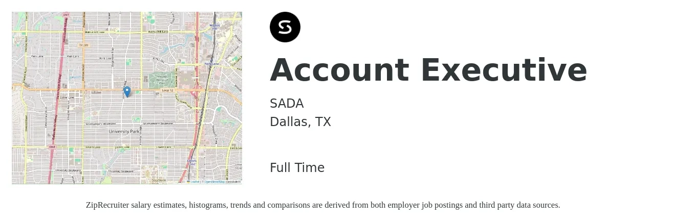 SADA job posting for a Account Executive in Dallas, TX with a salary of $53,600 to $94,400 Yearly with a map of Dallas location.