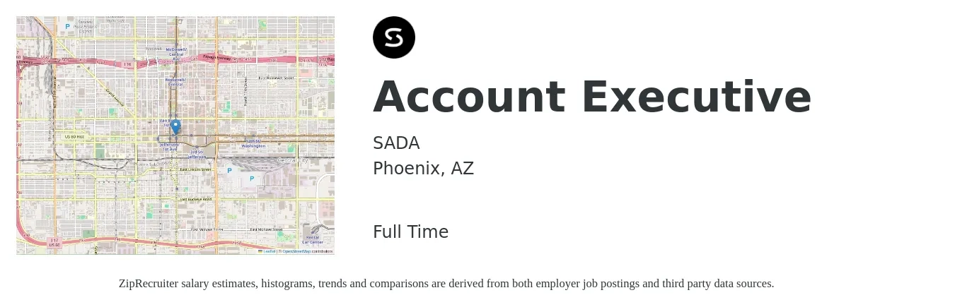 SADA job posting for a Account Executive in Phoenix, AZ with a salary of $53,600 to $94,300 Yearly with a map of Phoenix location.