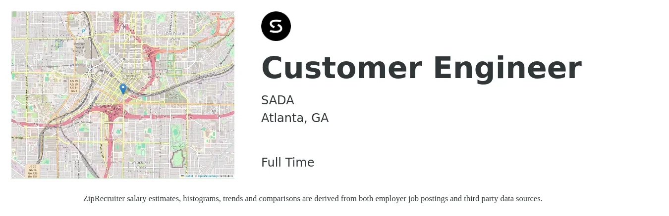SADA job posting for a Customer Engineer in Atlanta, GA with a salary of $67,300 to $86,500 Yearly with a map of Atlanta location.