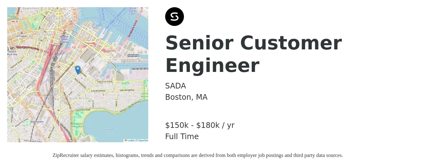 SADA job posting for a Senior Customer Engineer in Boston, MA with a salary of $150,000 to $180,000 Yearly with a map of Boston location.