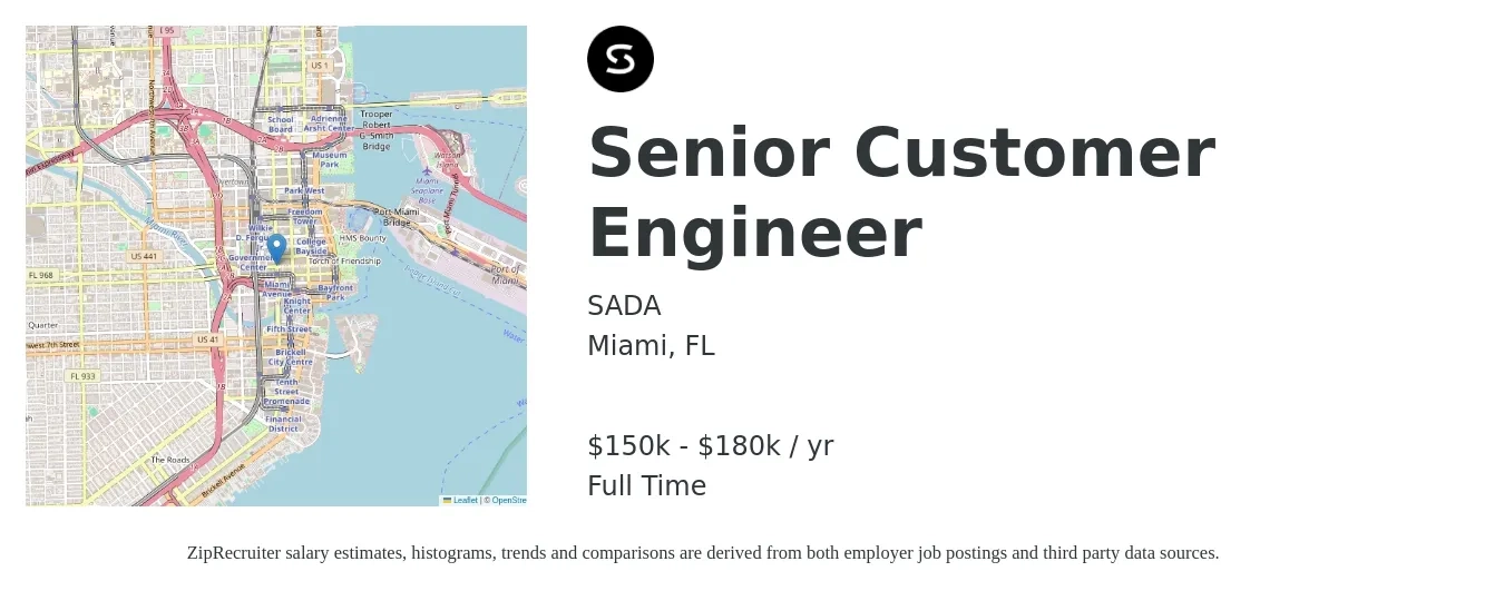 SADA job posting for a Senior Customer Engineer in Miami, FL with a salary of $150,000 to $180,000 Yearly with a map of Miami location.
