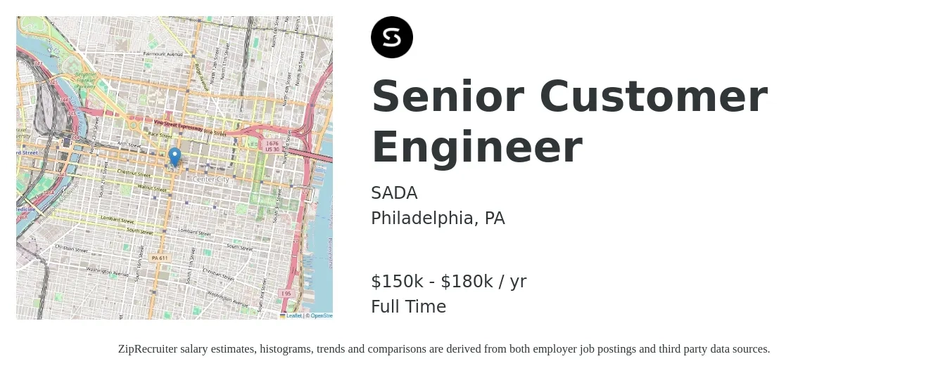 SADA job posting for a Senior Customer Engineer in Philadelphia, PA with a salary of $150,000 to $180,000 Yearly with a map of Philadelphia location.