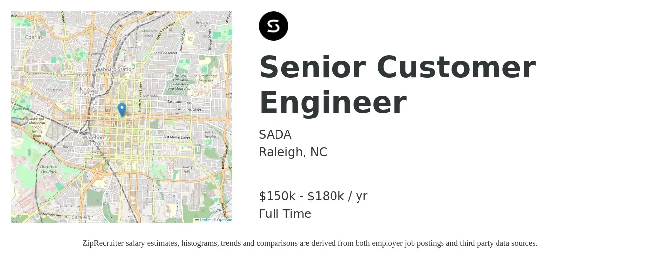 SADA job posting for a Senior Customer Engineer in Raleigh, NC with a salary of $150,000 to $180,000 Yearly with a map of Raleigh location.