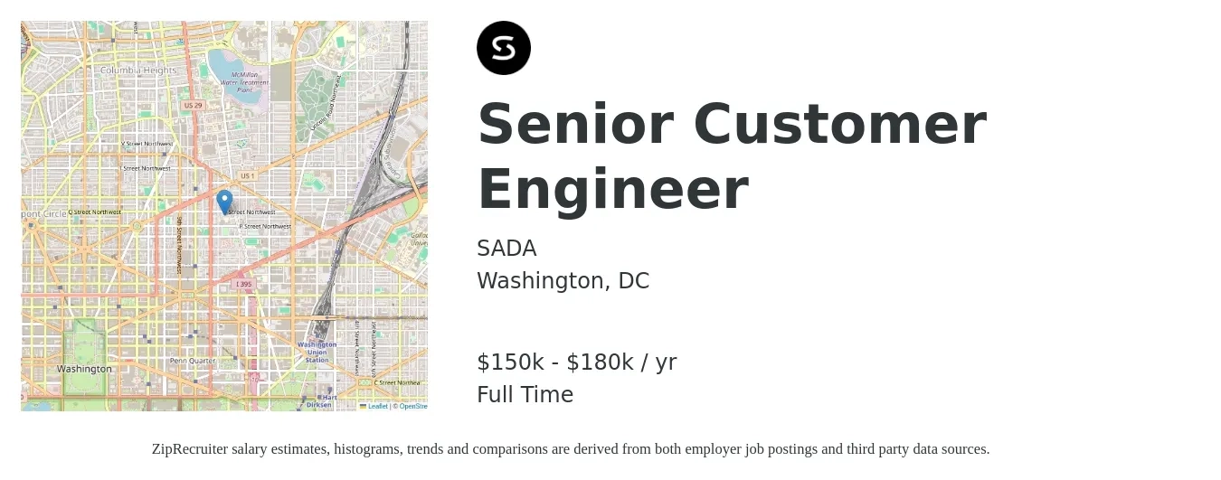 SADA job posting for a Senior Customer Engineer in Washington, DC with a salary of $150,000 to $180,000 Yearly with a map of Washington location.