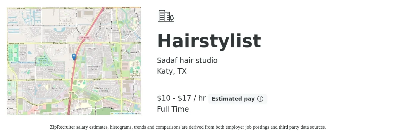 Sadaf hair studio job posting for a Hairstylist in Katy, TX with a salary of $11 to $18 Hourly (plus commission) with a map of Katy location.