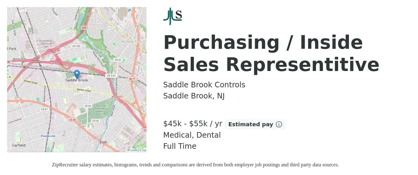 Saddle Brook Controls job posting for a Purchasing / Inside Sales Representitive in Saddle Brook, NJ with a salary of $45,000 to $55,000 Yearly (plus commission) and benefits including medical, pto, dental, and life_insurance with a map of Saddle Brook location.