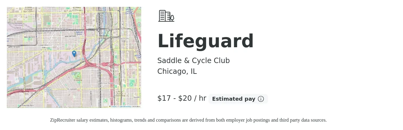 Saddle & Cycle Club job posting for a Lifeguard in Chicago, IL with a salary of $18 to $22 Hourly with a map of Chicago location.