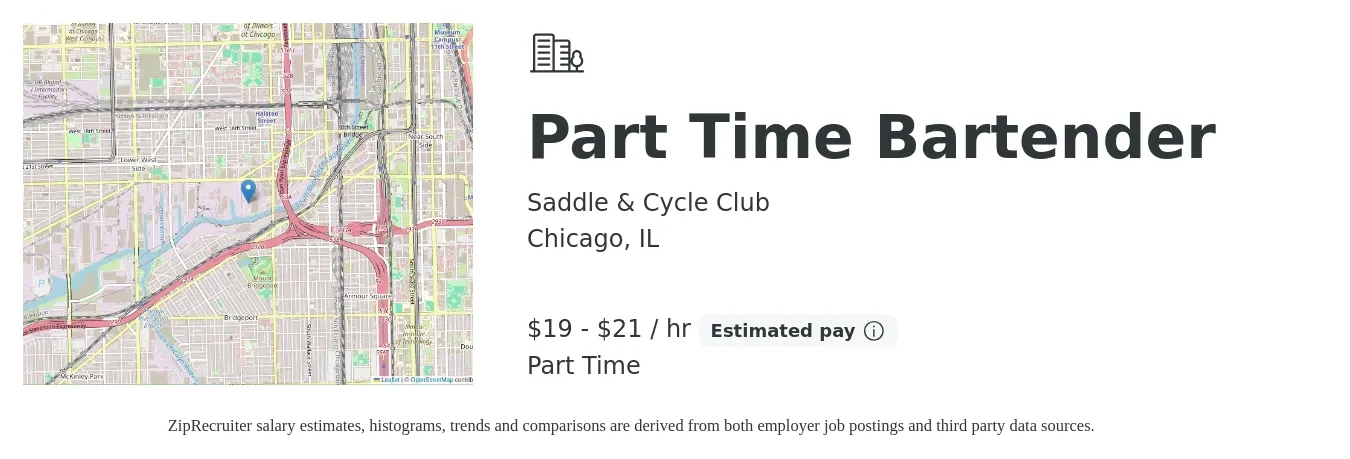 Saddle & Cycle Club job posting for a Part Time Bartender in Chicago, IL with a salary of $20 to $22 Hourly with a map of Chicago location.