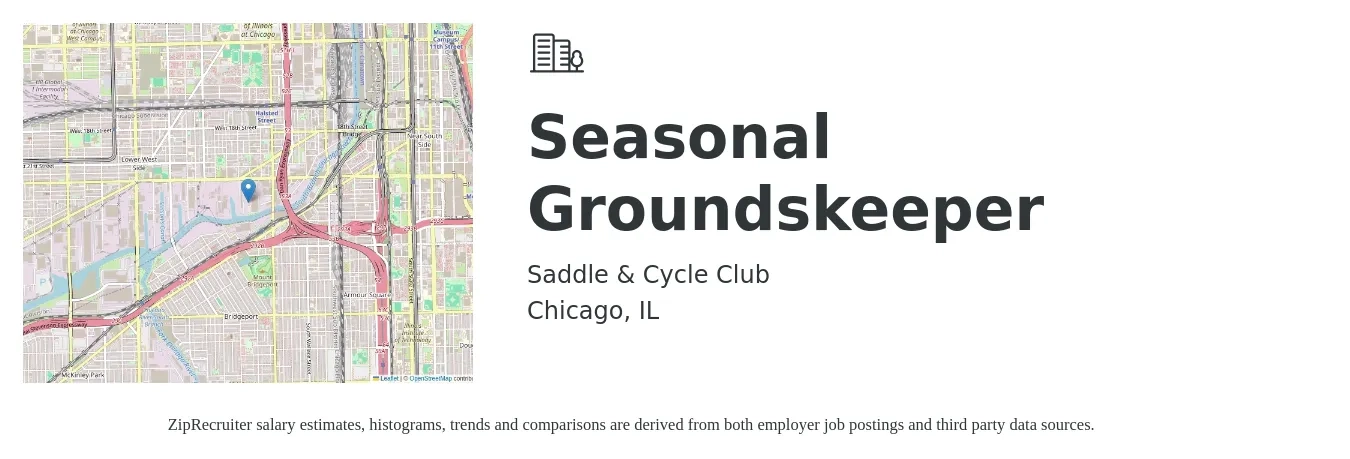 Saddle & Cycle Club job posting for a Seasonal Groundskeeper in Chicago, IL with a salary of $15 to $20 Hourly with a map of Chicago location.