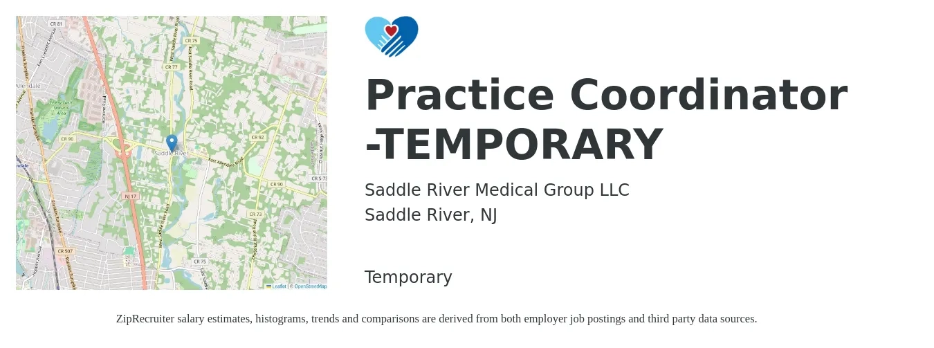 Saddle River Medical Group LLC job posting for a Practice Coordinator -TEMPORARY in Saddle River, NJ with a salary of $24 to $28 Hourly with a map of Saddle River location.