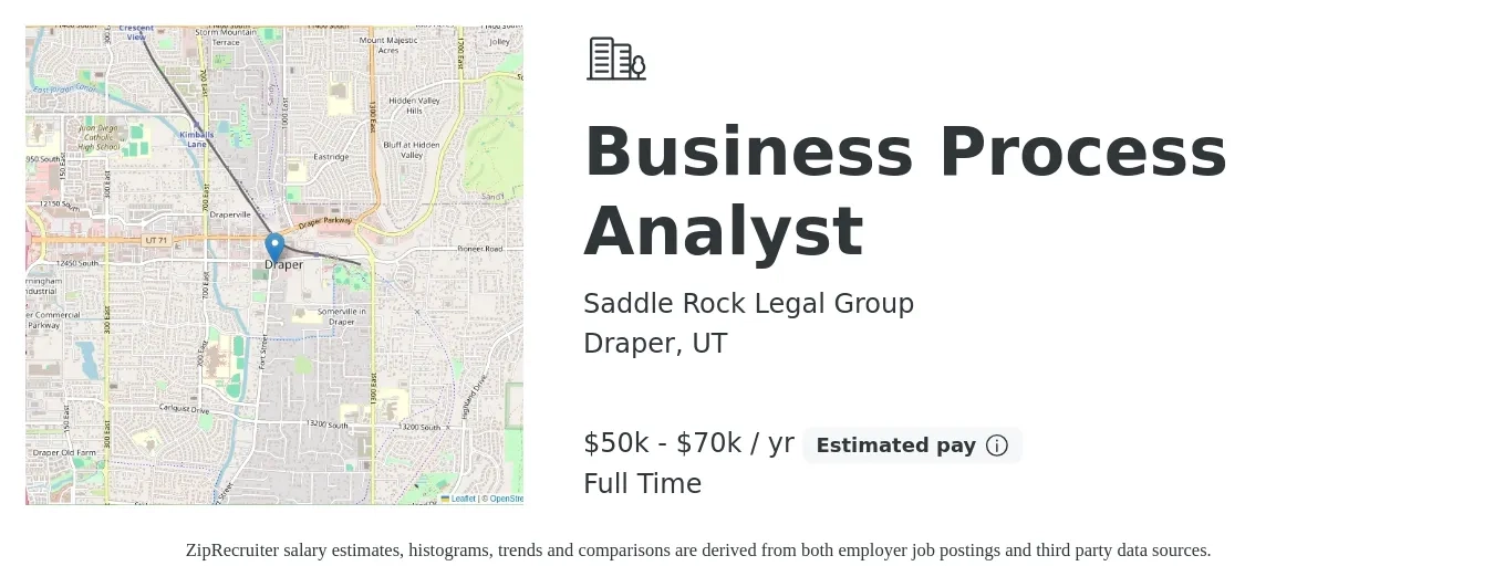 Saddle Rock Legal Group job posting for a Business Process Analyst in Draper, UT with a salary of $50,000 to $70,000 Yearly with a map of Draper location.