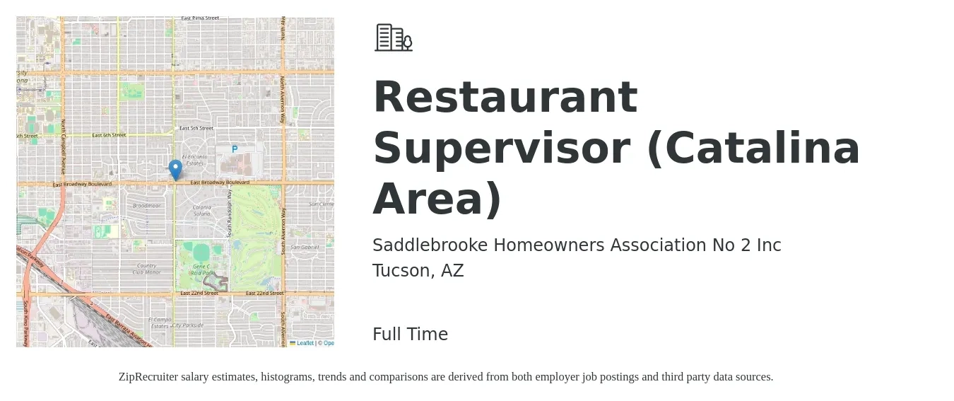 Saddlebrooke Homeowners Association No 2 Inc job posting for a Restaurant Supervisor (Catalina Area) in Tucson, AZ with a salary of $38,700 to $54,600 Yearly with a map of Tucson location.