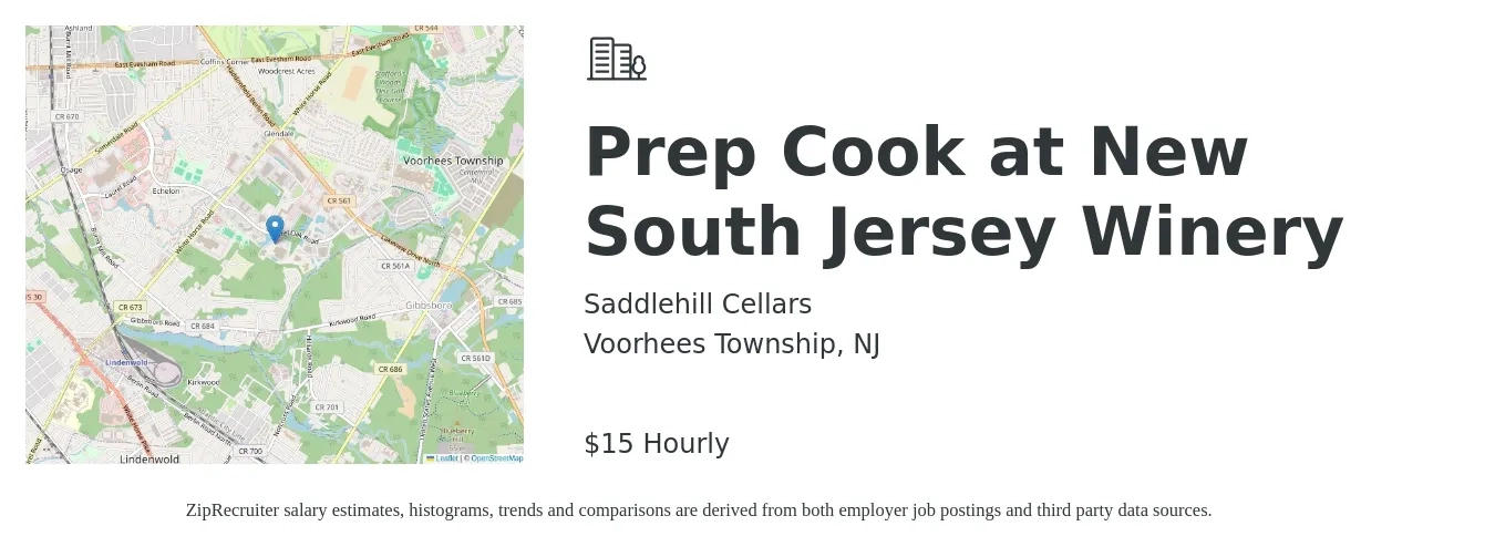 SADDLEHILL CELLARS job posting for a Prep Cook at New South Jersey Winery in Voorhees Township, NJ with a salary of $15 to $17 Hourly with a map of Voorhees Township location.