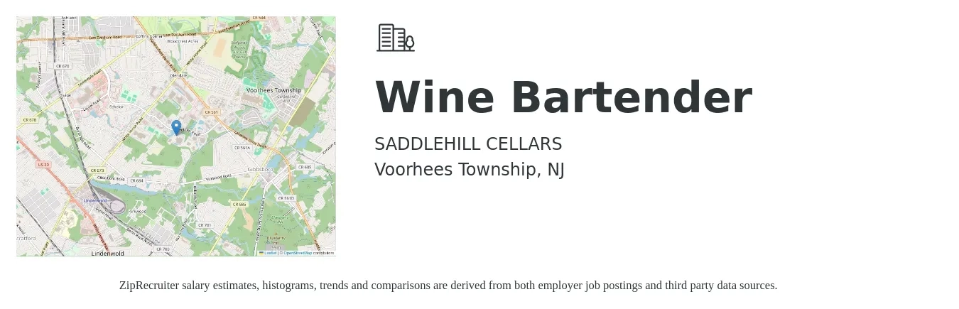 SADDLEHILL CELLARS job posting for a Wine Bartender in Voorhees Township, NJ with a salary of $10 to $19 Hourly with a map of Voorhees Township location.
