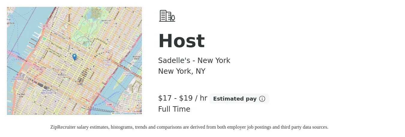 Sadelle's - New York job posting for a Host in New York, NY with a salary of $18 to $20 Hourly with a map of New York location.