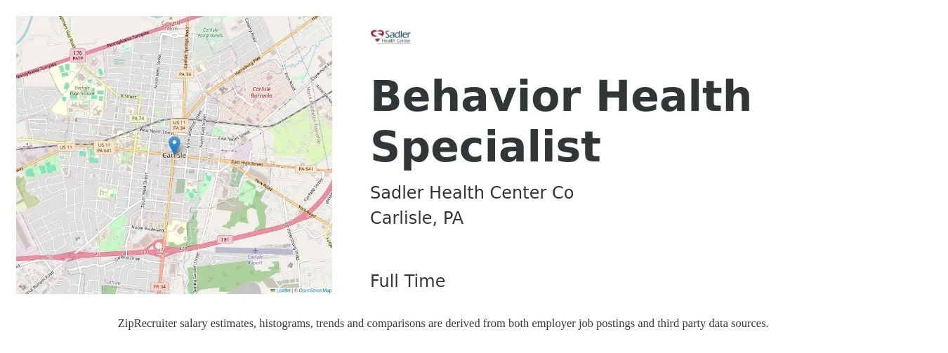 Sadler Health Center Co job posting for a Behavior Health Specialist in Carlisle, PA with a salary of $21 to $34 Hourly with a map of Carlisle location.