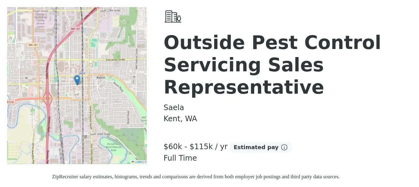 Saela job posting for a Outside Pest Control Servicing Sales Representative in Kent, WA with a salary of $60,000 to $100,000 Yearly with a map of Kent location.