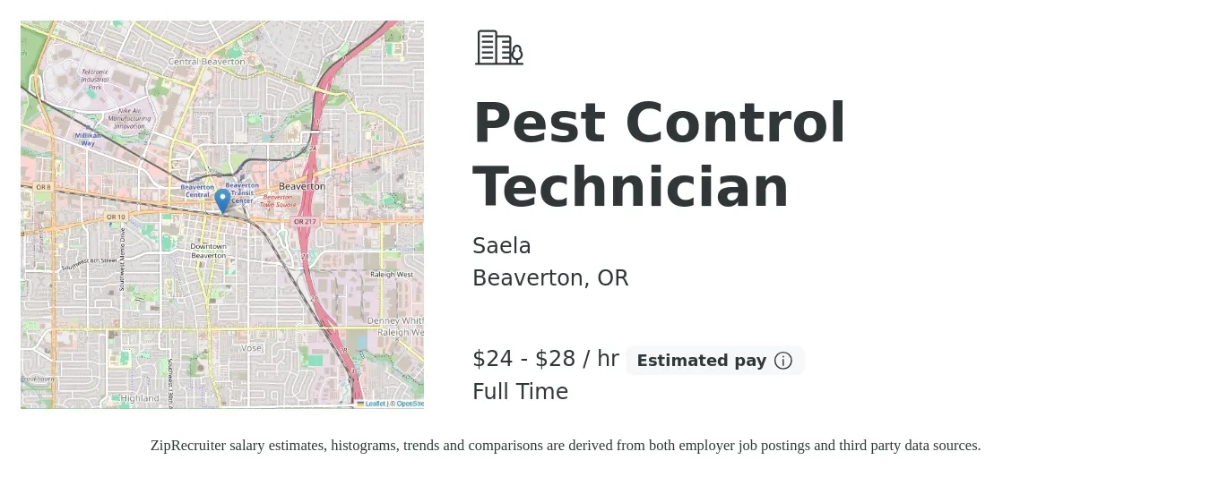 Saela job posting for a Pest Control Technician in Beaverton, OR with a salary of $25 to $30 Hourly with a map of Beaverton location.
