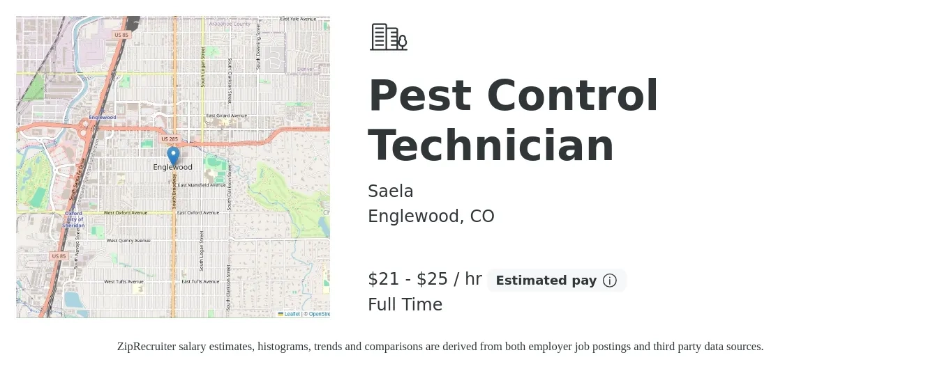Saela job posting for a Pest Control Technician in Englewood, CO with a salary of $22 to $27 Hourly with a map of Englewood location.