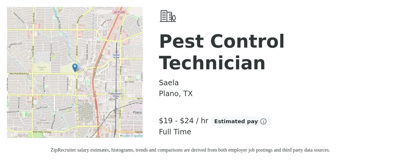 Saela job posting for a Pest Control Technician in Plano, TX with a salary of $20 to $25 Hourly with a map of Plano location.