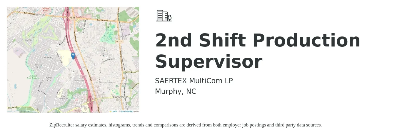 SAERTEX MultiCom LP job posting for a 2nd Shift Production Supervisor in Murphy, NC with a salary of $50,300 to $68,100 Yearly with a map of Murphy location.