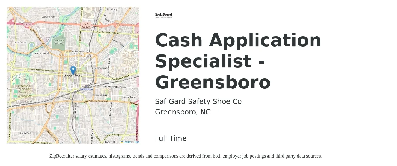 Saf-Gard Safety Shoe Co job posting for a Cash Application Specialist - Greensboro in Greensboro, NC with a salary of $19 to $24 Hourly with a map of Greensboro location.