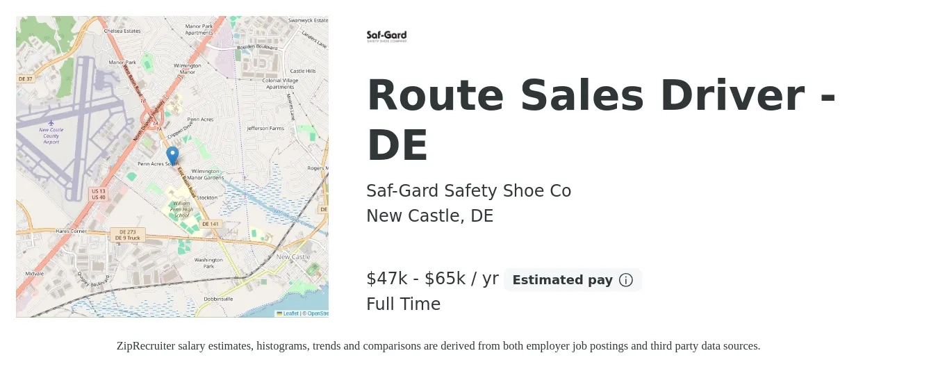 Saf-Gard Safety Shoe Co job posting for a Route Sales Driver - DE in New Castle, DE with a salary of $47,500 to $65,000 Yearly with a map of New Castle location.