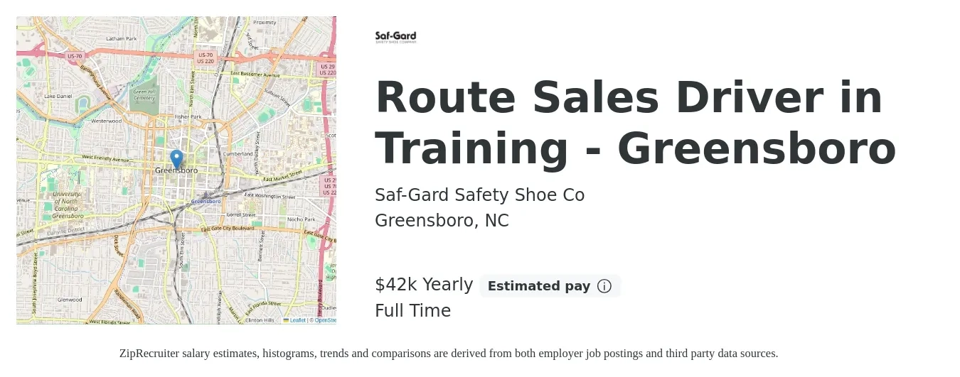 Saf-Gard Safety Shoe Co job posting for a Route Sales Driver in Training - Greensboro in Greensboro, NC with a salary of $42,500 Yearly with a map of Greensboro location.