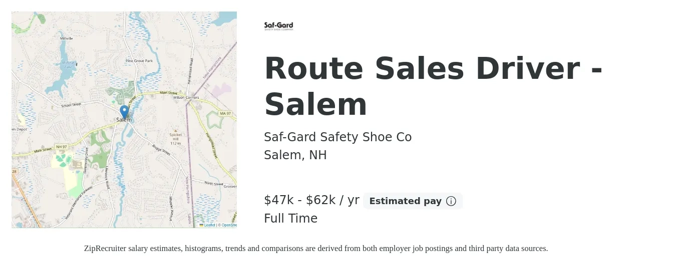Saf-Gard Safety Shoe Co job posting for a Route Sales Driver - Salem in Salem, NH with a salary of $47,500 to $62,500 Yearly with a map of Salem location.