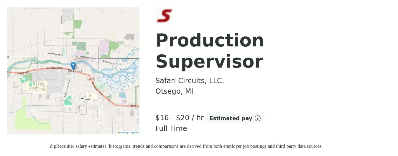 Safari Circuits, LLC. job posting for a Production Supervisor in Otsego, MI with a salary of $17 to $21 Hourly with a map of Otsego location.